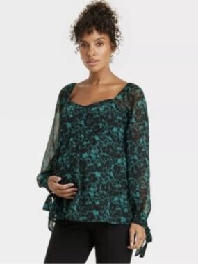 2/$30 Isabel Maternity Green Black Floral Chiffon Tie Sleeve Blouse Size Large